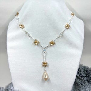 Silver Toned 16” Y Chain Necklace with Pearl Clusters and Crystals